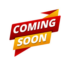Coming soon text on red and yellow banner isolated on white background