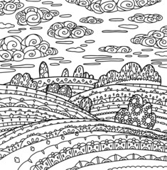 forest field fields cloud clouds sky ornate cute lined doodle coloring book page black and white background