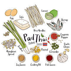 Pad Thai with Ingredients Set. Thailand Cuisine Recipe Illustration.