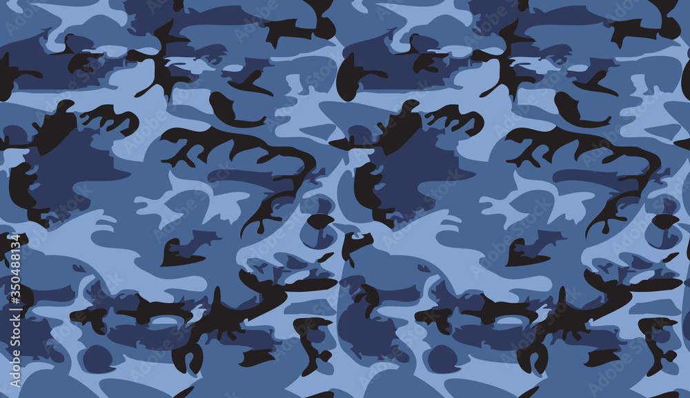Wall mural Camouflage pattern background vector. Classic clothing style masking camo repeat print. Virtual background for online conferences, online transmissions. Blue black navy colors marine texture - Wall murals