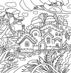 vector pattern village calm cute lined doodle houses  coloring book page black and white background