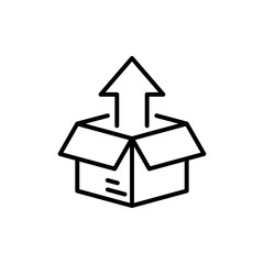 Símbolo entrega de pedido de compra. Icono plano lineal caja de cartón con flecha hacia arriba en color negro