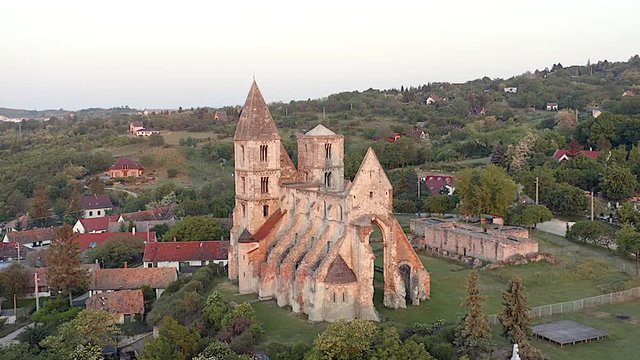 Amazing aerial 4k vedeo about the Premontre Monastery. This is a church ruin in Zsambek city Hungary. Built in 1220-1234.  Roman and gotchic style. Destroyed an big earthquake in 1763. 