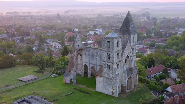 Amazing aerial 4k vedeo about the Premontre Monastery. This is a church ruin in Zsambek city Hungary. Built in 1220-1234.  Roman and gotchic style. Destroyed an big earthquake in 1763. 
