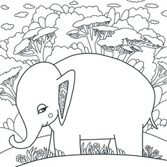 vector pattern elephant forest grass  coloring book page black and white background