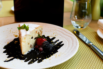 Cheesecake sweet dessert with cheese, chocolate chips