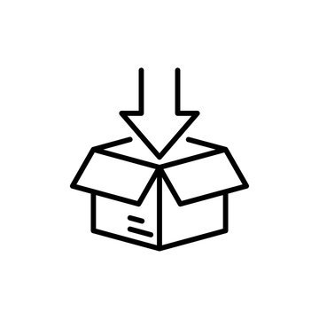S&iacute;mbolo entrega de pedido de compra. Icono plano lineal caja de cart&oacute;n con flecha hacia abajo en color negro