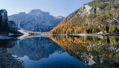 Panoramic view of Lake Braies in South Tyrol, Italy