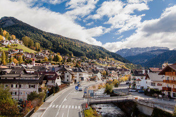 Scenic view on the town Ortisei. Dolomites Val Gardena, South Tyrol, Italy