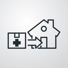 Símbolo entrega de material sanitario. Icono plano lineal caja de cartón con cruz con flecha y casa en fondo gris