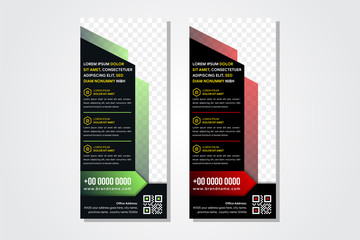 Abstract green red Shapes Modern Exhibition Advertising Trend Business Roll Up Banner Stand Poster Brochure flat design template creative concept. Presentation. Cover Publication. Space for photo. 