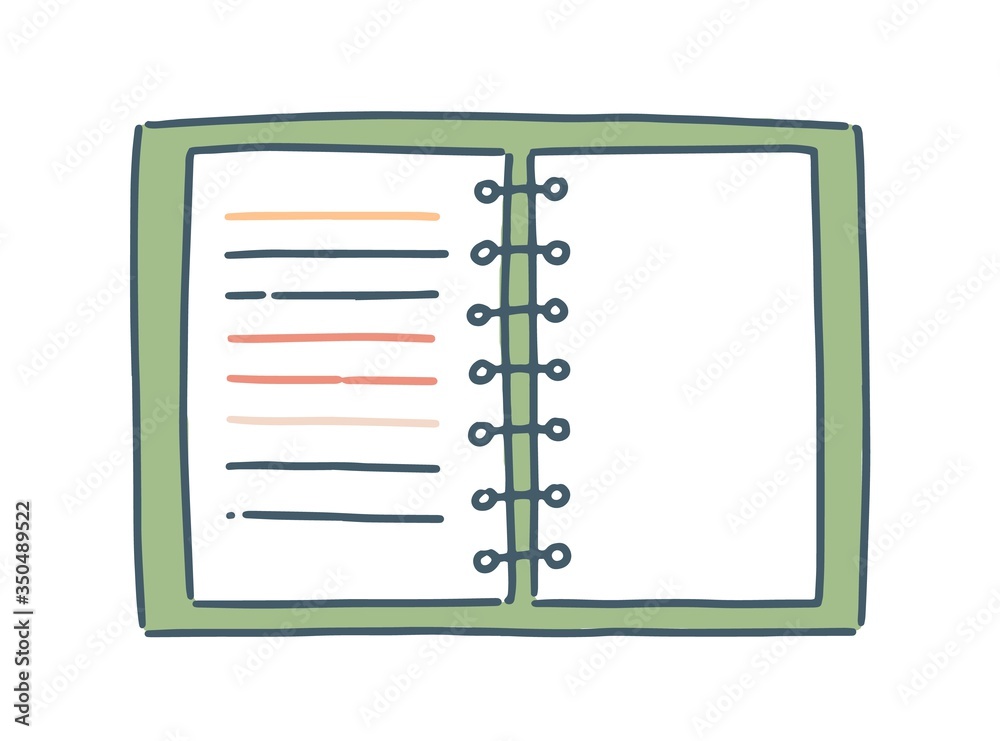 Poster Cartoon notebook with spiral vector flat illustration. Colorful lined paper sheet for notes isolated on white background. Hand drawn clear blank with spring. Notepad with cover for writing memo