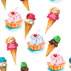 watercolor. desserts seamless pattern. can be used for printing onto fabric, clothes, t-shirts, background, cards, booklets
