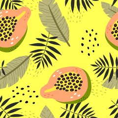 Seamless pattern with cartoon with papaya, leaves,  decor elements on a neutral background. colorful vector. hand drawing, flat style. design for fabric, print, textile, wrapper