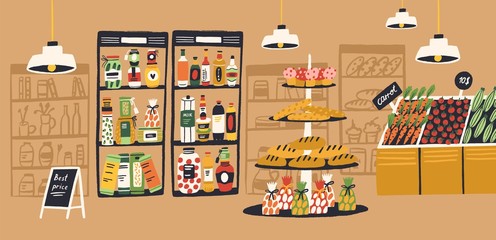 Fototapeta premium Cartoon colorful interior of supermarket with fresh tasty product on shelves vector flat illustration. Modern grocery retail shop. Aisle of indoor market with bakery, vegetables and food assortment