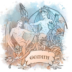 Fototapeta na wymiar Zodiac sign of Gemini, element of Air. Intricate linear drawing on watercolor textured background. Soft pastel celestial palette.Square format. EPS10 vector illustration.