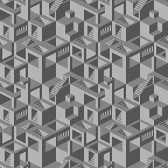 Seamless pattern with stairs, balconies and windows making an optical illusion.