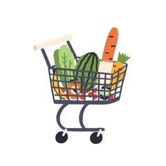 Cartoon trolley with healthy food vector flat illustration. Colorful full shopping cart with grocery from self-service shop isolated on white background. Fresh products in pushcart with handle