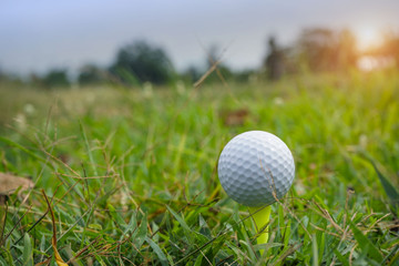 Golf ball on tee in the evening golf course with sunshine.