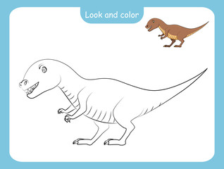 Coloring page outline of dinosaur with colored example.