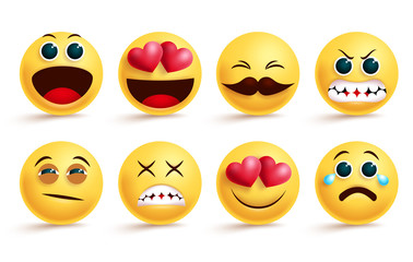 Smileys emoji vector set. Smiley yellow face emojis and emoticons with different facial expressions like sleepy, angry, crying and in love isolated in white background. Vector illustration.