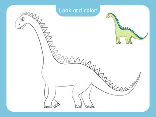 Coloring page outline of dinosaur with colored example.