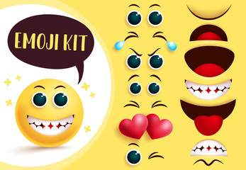 Smileys emoji vector creation kit. Emoticon and emoji yellow face with editable eyes and mouth and happy facial expression for smileys character creation. Vector illustration.
