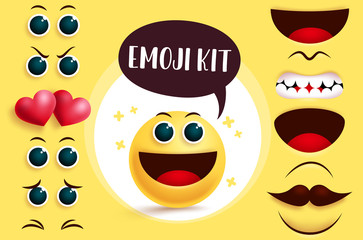 Emoji smiley vector creation kit. Smileys emoji with editable cute yellow face, eyes and mouth to create joyful facial expression. Vector illustration. 
