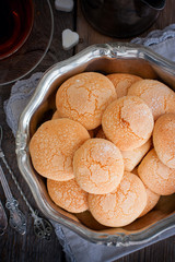 Homemade sugar cookies with craquelure crust, selective focus, top view