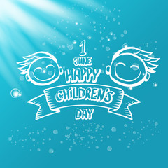 1 june international childrens day icon or label isolated on azure blue sky background with lights and bubbles. happy Children day greeting card. kids day poster. Children day shiny banner