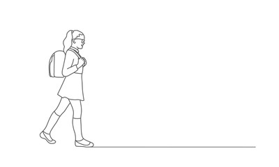 Fototapeta premium Girl with Backpack Goes to School. Line drawing vector illustration.