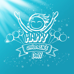 1 june international childrens day icon or label isolated on azure blue sky background with lights and bubbles. happy Children day greeting card. kids day poster. Children day shiny banner
