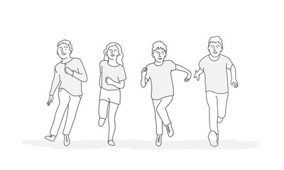 School Children Running. Line drawing vector illustration.