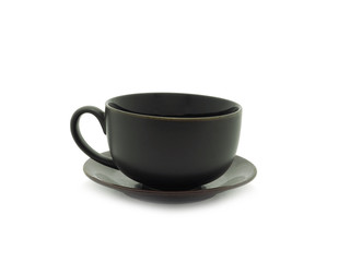 Empty dark brown coffee or tea cup and saucer isolated on white background.    .