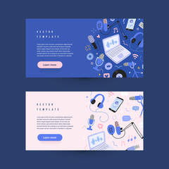 Podcast collection, various tools, equipment for recording podcasting, professional condenser microphone, headset, laptop with workstation, set of illusrations with doodles and lettering