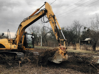 Excavator uprooting trees on land in countryside. Bulldozer clearing land from old trees, roots and branches with dirt and trash. Backhoe machinery. Yard work