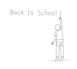 Boy writing on the wall "Back to School". Line drawing vector illustration.