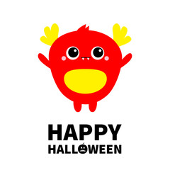 Happy Halloween. Red monster with two eyes, fang teeth, horns, ears. Funny Cute cartoon kawaii character. Baby collection. Flat design. Greeting card. White background. Isolated.