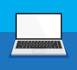 Open laptop front view with white display . Empty or blank display screen. Computer mock up isolated on blue background. Equipment for office. Vector illustration.	