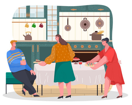 Two women prepare table for dinner in kitchen. Celebration of event with food and drink. Friends spending time together. People talking during dinner preparation. Vector illustration of home reception