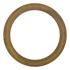 Obraz premium Round wooden picture frame isolated on white background close-up.