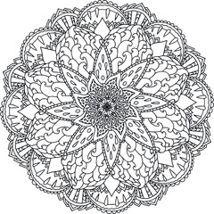 Mandala round gorgeous swirling curl ethnic pattern coloring page book black and white art therapy relax psychology
