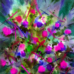 Watercolor colorful bright textured abstract background handmade .  Painting of Christmas tree , made in the technique of watercolors from nature