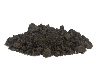 A pile of soil, soil isolated on a white background close-up.