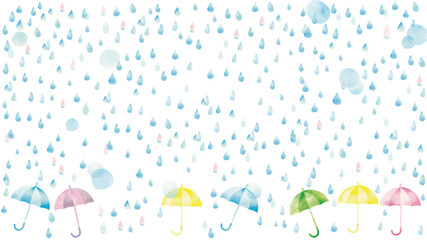 水彩風　雨とカラフルな傘の背景