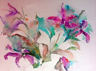 Abstract bright colored decorative background . Floral pattern handmade . Beautiful tender romantic bouquet of summer lily  flowers , made in the technique of watercolors from nature.