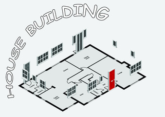 Concept 2D isometric house plan representing residential house construction isolated on grey background