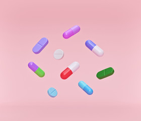 3d rendering. Assorted medicine pills, tablets and capsules. Health care concept.
