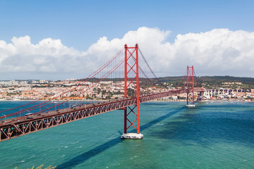 Panoramic view of 25th of April Bridge (Ponte 25 de Abril), Lisbon, Porugal