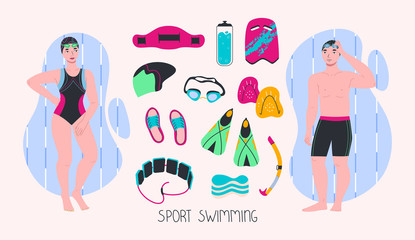 Sport swimming. Vector illustration of swimmers with equipment. Flat design.